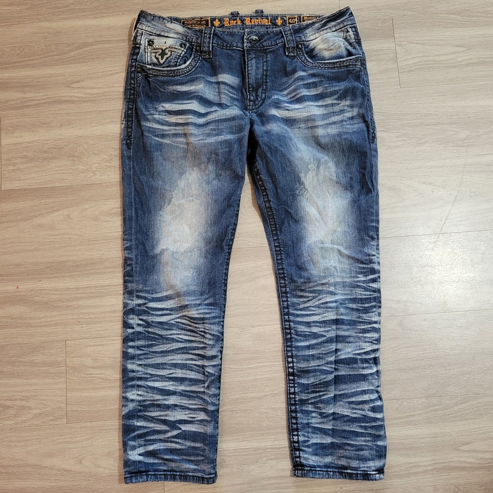 Rock Revival Montell Straight Jeans Mens 40X31 Blue Distressed Whiskering Fleur